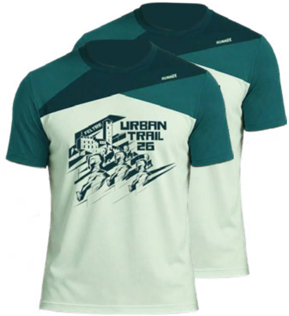 T-shirt tecnica tre colori di verde con grafica Urban Trail 2026 e corridori stilizzati, vista frontale e posteriore
